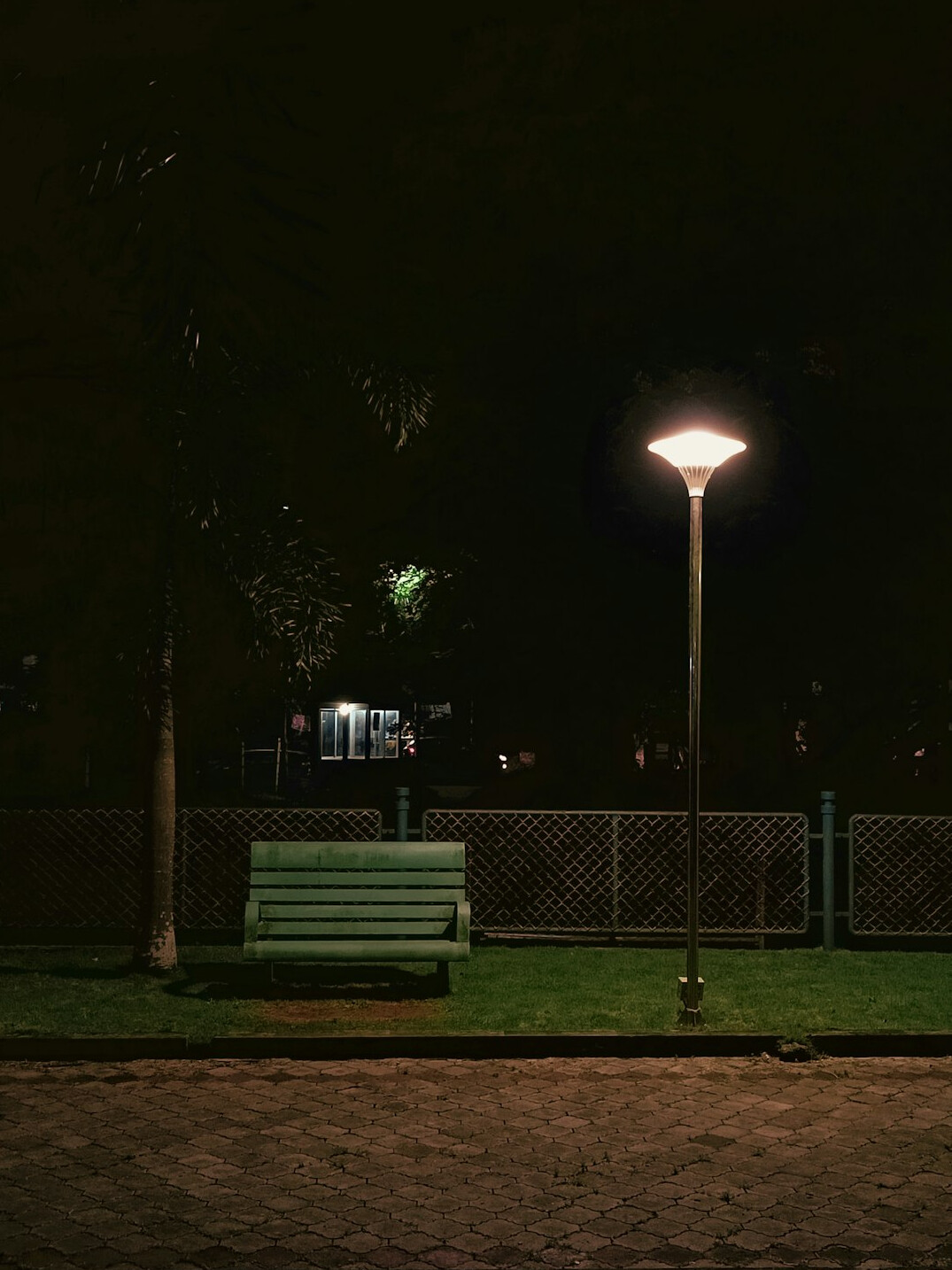 Empty park bench under a glowing streetlight at night